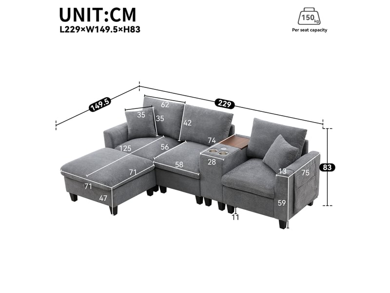  Canapé d'angle modenvie modulable 4 places en velours côtelé gris avec console usb et pouf de rangement  - Conforama C