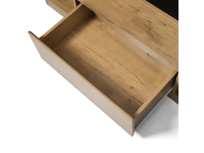  Commode 2 portes, 2 tiroirs et niche avec étagères réglables pour salon 140×40×70 cm chêne clair  - Conforama D
