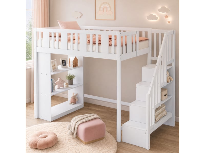  Lit mezzanine 90x200 cm avec rangement et échelle de sécurité en pin massif blanc  - Conforama B