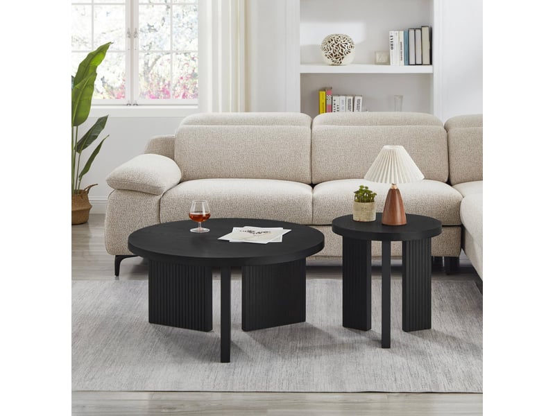 Set de 2 tables basses rondes en mdf noir, structure à rainures verticales  - Conforama D