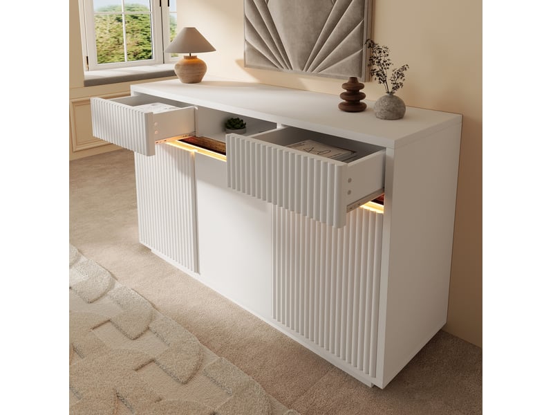 Buffet blanc à led 140 x 40 x 85 cm, 2 tiroirs, 3 portes, étagères réglables - Conforama D