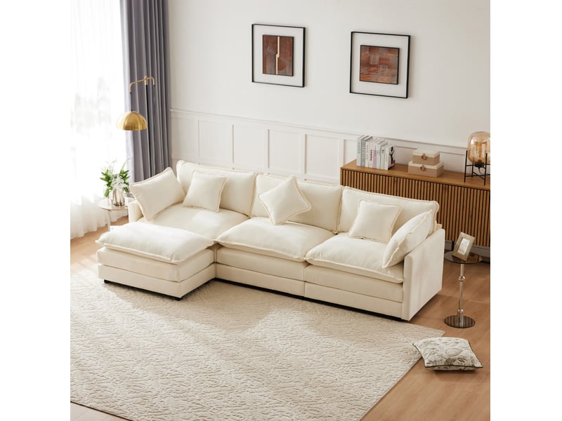  Canapé d'angle modenvie 3 places en chenille beige avec pouf mobile 283 x 147 x 84 cm  - Conforama E