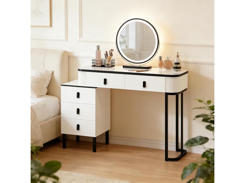  Coiffeuse avec miroir led 5 tiroirs noir et blanc 100 x 40 x 125 cm  - Conforama B