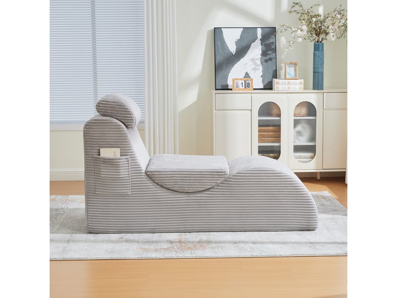  Fauteuil de relaxation individuel ergonomique 160x66x90cm – avec coussin de tête réglable et poche latérale – velours côtelé - gris  - Conforama D