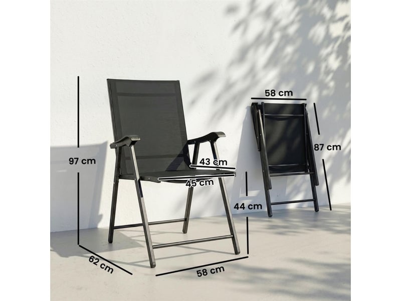  Chaise de jardin 58 x 62 x 97 cm 2 pièces pliable dossier haut accoudoirs structure en acier textilène noir  - Conforama C