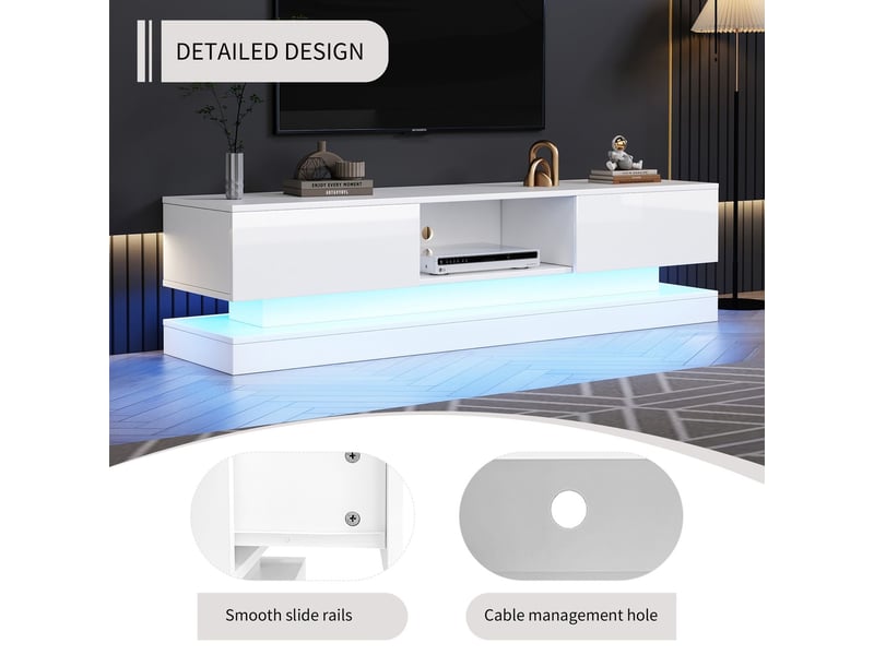  Meuble tv 160x40x40, blanc brillant éclairage led, 2 tiroirs, anti-bascule pour téléviseurs 60  - Conforama E