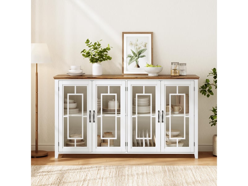  Buffet de cuisine 160 cm blanc avec plateau effet bois, meuble de rangement 4 portes en verre pour salle à manger  - Conforama E