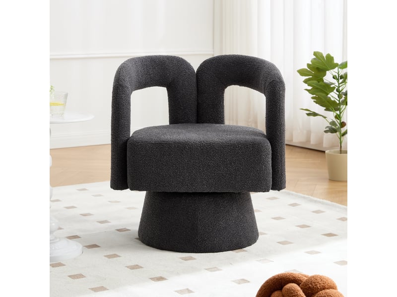  Fauteuil crapaud pivotant 360° 67x55x74cm – fauteuil tonneau lounge au design évidé avec socle en métal – tissu bouclé - anthracite  - Conforama D