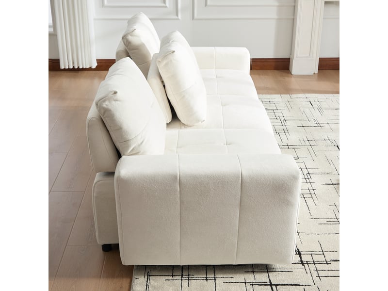 Canapé convertible 3 places droit chenille beige blanc, profondeur réglable jusqu'à 68 cm, structure bois massif, confort ergonomique salon moderne - Conforama W