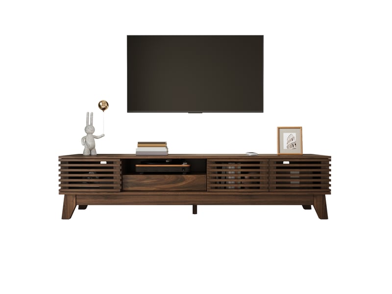 Meuble tv 170x35x40 cm, design moderne, façade rainurée, 3 portes, tiroir et niches ouvertes, mdf couleur noyer  - Conforama A