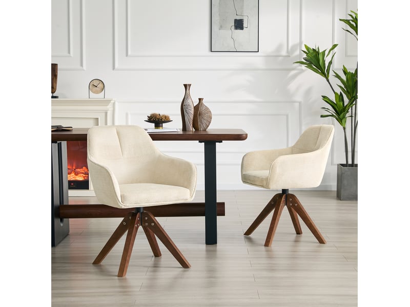  Chaise de salle à manger pivotante à 360 degrés avec accoudoirs et dossier ergonomique, en tissu crème et bois noyer  - Conforama B