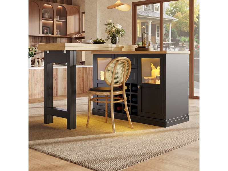  Buffet extensible avec table pivotante 360°, éclairage led 3 couleurs, meuble rangement cuisine avec tiroirs et armoires à portes coulissantes en mdf noir  - Conforama W