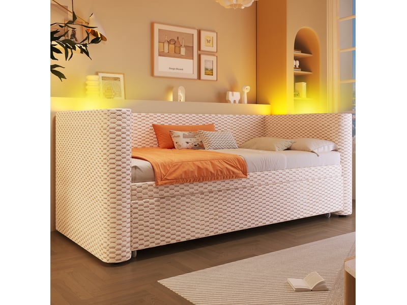 Lit enfant gigogne 90x200+90x190 cm, led couleurs via application, mécanisme manuel, velours beige sans matelas - Conforama B