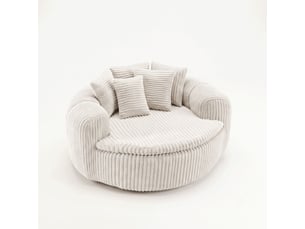 Fauteuil lounge 145x133x59 cm en velours côtelé, assise profonde, 5 coussins, accoudoirs enveloppants, rembourrage mousse et ressorts ensachés, beige