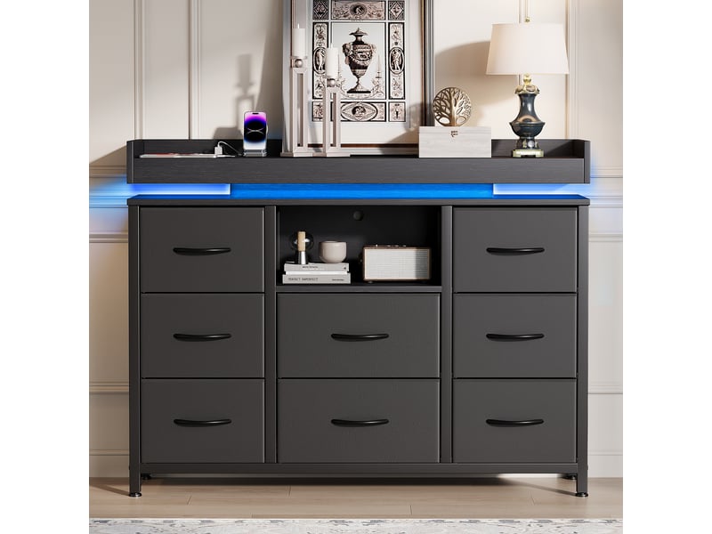  Commode 8 tiroirs avec éclairage led, meuble de rangement à prise intégrée, cadre en acier renforcé, noir  - Conforama C