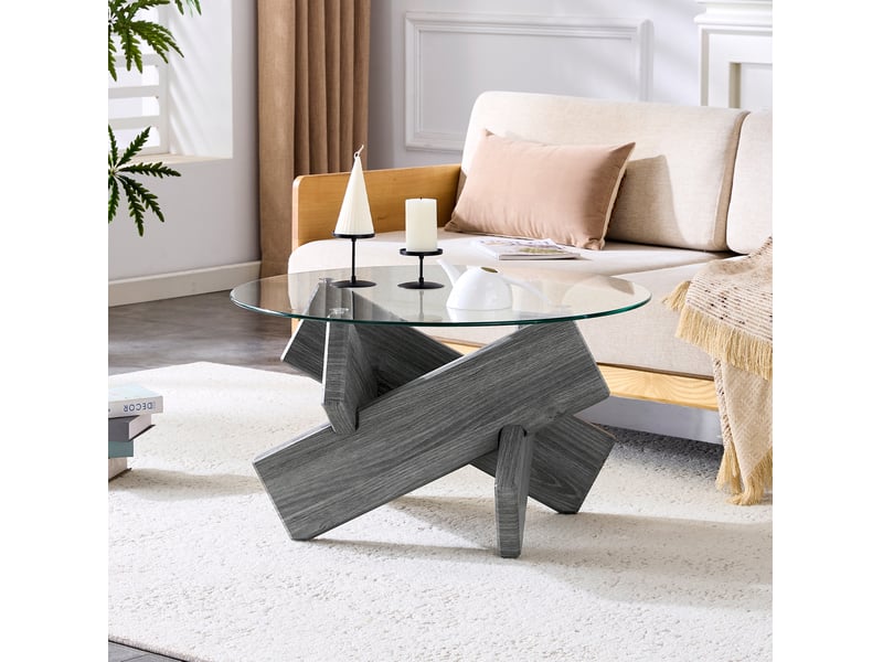  Table basse ronde 79 cm en verre trempé 8 mm et mdf gris, piètement croisé  - Conforama D