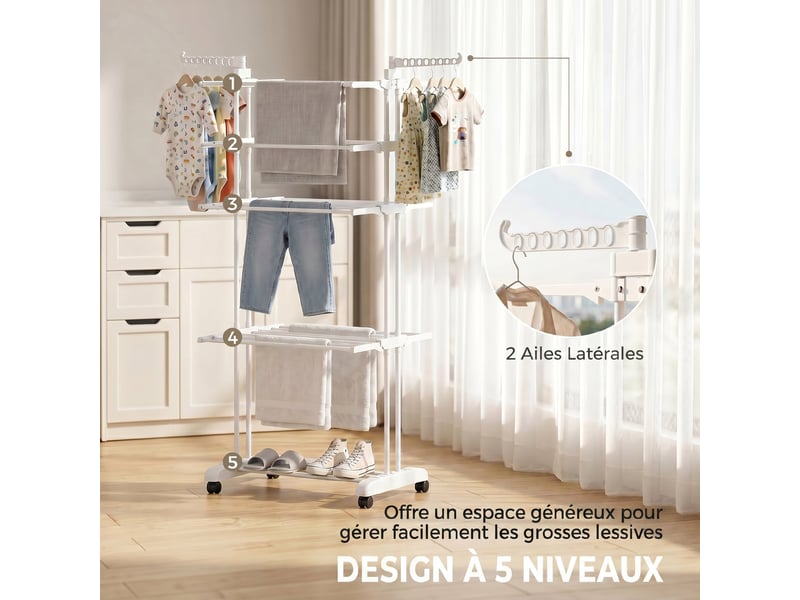  Séchoir à linge pliable 4 niveaux avec roulettes, étendoir linge intérieur avec ailes latérales, cadre en acier, blanc  - Conforama D