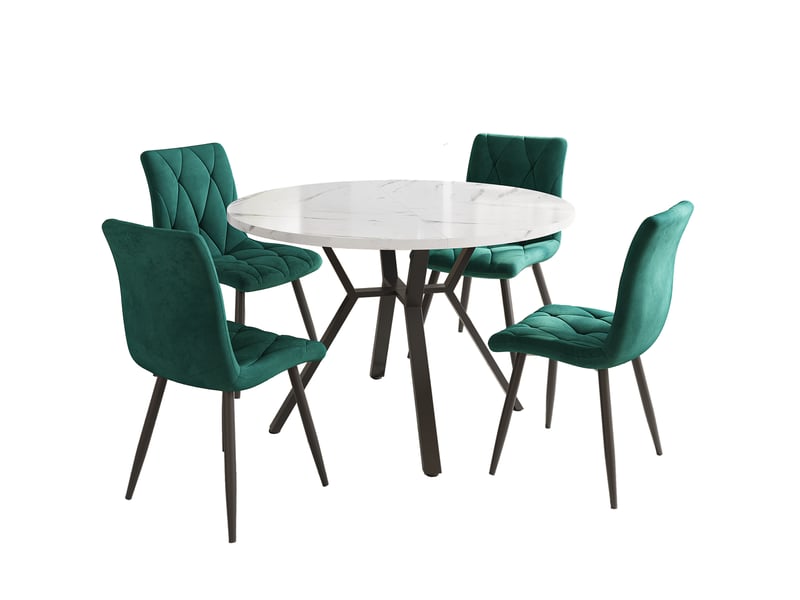  Ensemble table et chaises - table ronde avec 4 chaises velours, ensemble repas moderne pour cuisine ou salle à manger, plateau effet marbre, blanc et vert  - Conforama C