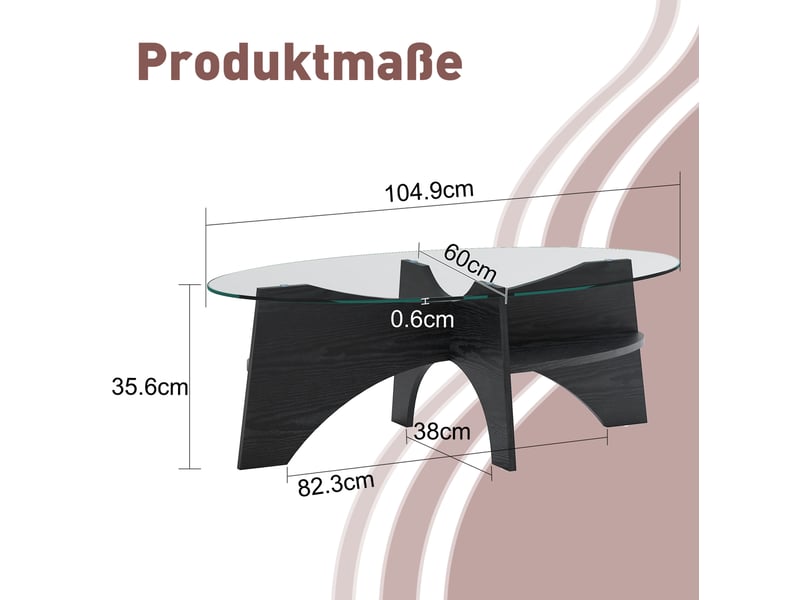 Table basse ulevr ovale avec tablette ouverte, verre de sécurité transparent 104,9 x 60 x 35,6 cm, mdf aspect bois noir  - Conforama C