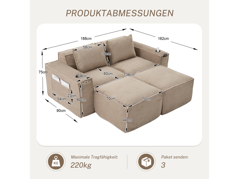 Canapé modulaire 2 places avec 2 poufs et porte-gobelets - lpospi - poches latérales, velours côtelé kaki - Conforama D