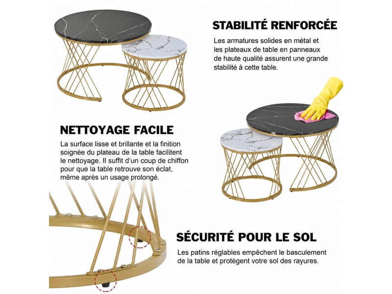  Lot de 2 tables basses rondes gigognes, effet marbre mdf, structure métal doré, noir et blanc  - Conforama C
