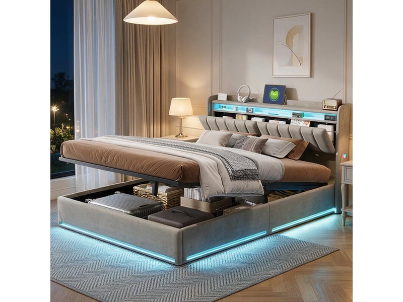  Lit double coffre 160 x 200 avec sommier, sorvaglos, lit rembourré avec led et usb, lit adulte avec hydraulique, velours, gris  - Conforama B