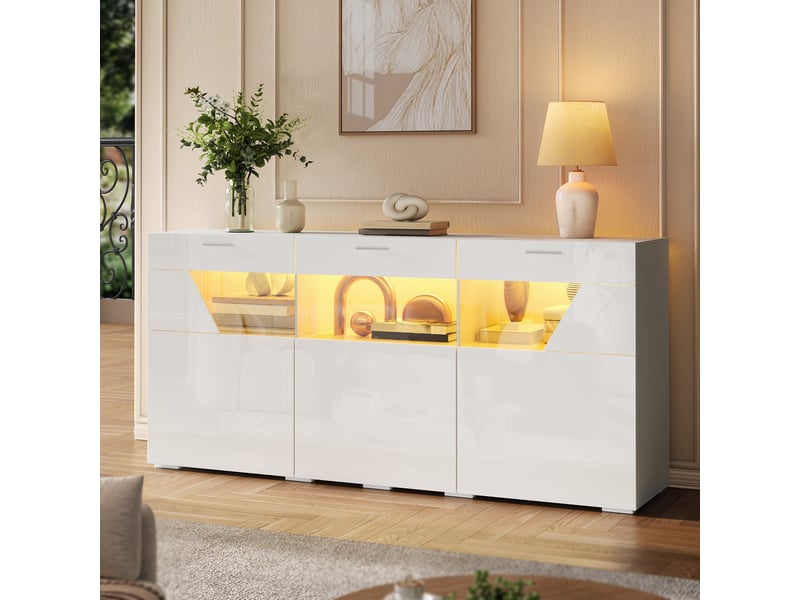  Buffet de rangement 160x38x78 cm, éclairage led, 3 portes, éléments vitrés, grand rangement pour salon et salle à manger - blanc GL008867W - Conforama B