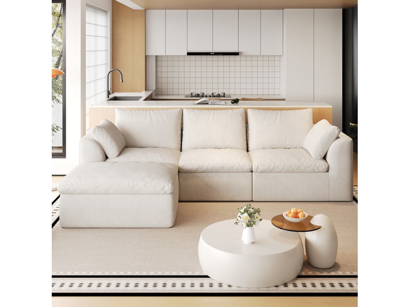  Canapé d’angle 4 places 245x155x83 cm en tissu de lin beige et blanc chicfurn  - Conforama B