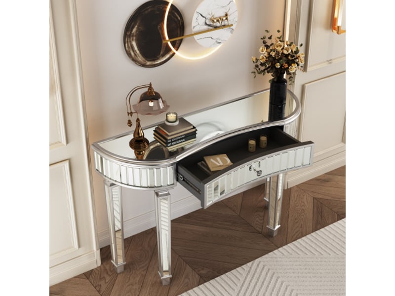  Console demi-lune miroir 120 cm – vanité moderne gris argent, tiroir à poignée cristal, verre cannelé, table luxe  - Conforama B