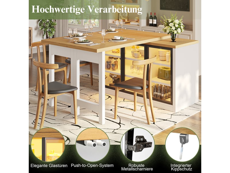 Buffet blanc extensible avec éclairage led, meuble rangement cuisine rotatif 360°, mdf et verre, 120x72 cm - Conforama D