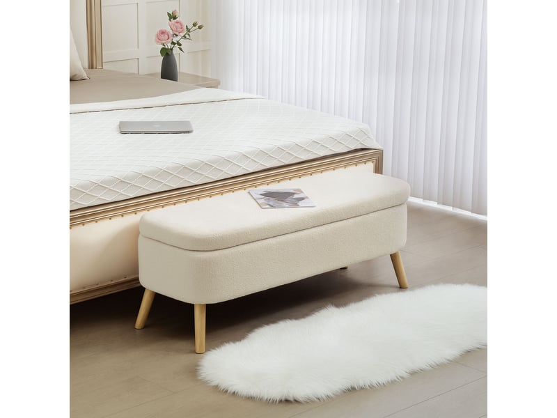  Banc de rangement beige avec couvercle et pieds en bois capacité 65 l charge maximale 220 kg dimensions 120 x 42 x 45 cm  - Conforama B