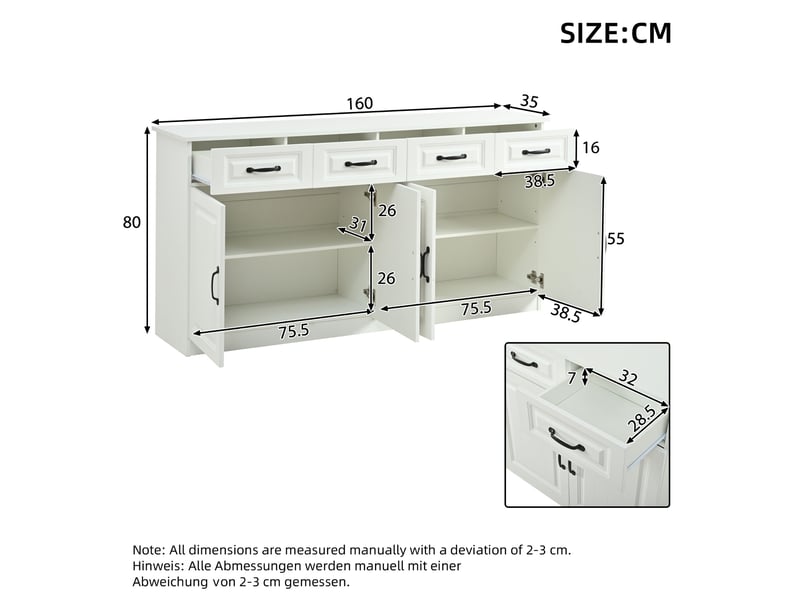 Buffet blanc 160 cm en mdf à façade rainurée, avec 4 tiroirs, 4 portes, étagères réglables et poignées métalliques noires  - Conforama C