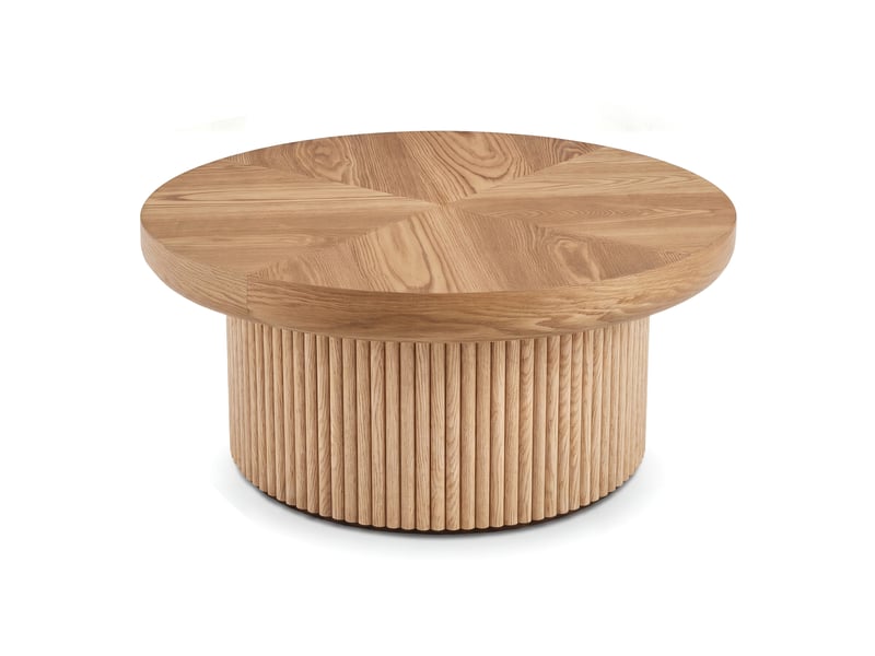  Table basse ronde coloris bois naturel, plateau motif parquet et base cannelée, 78 x 78 x 38,5 cm  - Conforama A