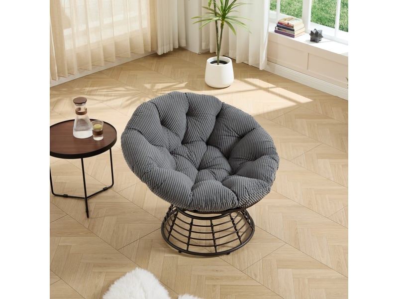  Fauteuil papasan pivotant 360° en résine tressée - dia. 92cm - coussin épais velours côtelé confortable - marron et gris  - Conforama D