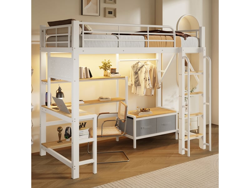 Lit mezzanine enfant 1 place 90×200 cm, bureau, led, usb et rangement - sans matelas, métal mdf blanc - Conforama C