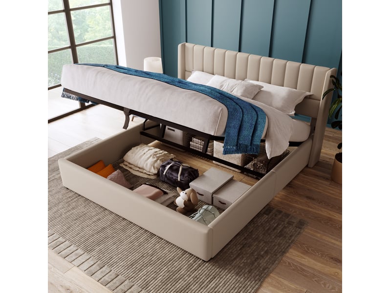 Lit coffre hydraulique 160x200 beige en lin cravdom - Conforama C