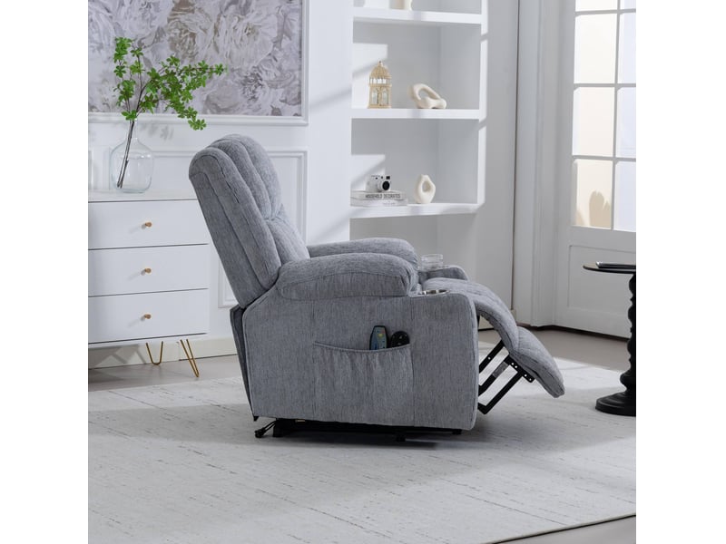 Fauteuil relax électrique avec aide au relevage, massage et chaleur, avec porte-gobelet, en velours gris clair - Conforama C