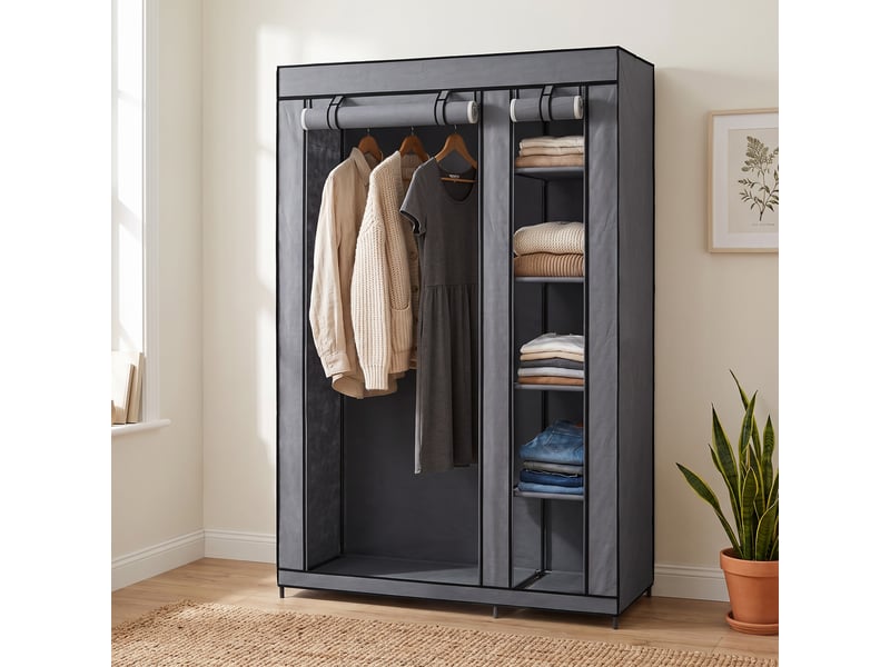  Armoire mobile en tissu avec tringle et 5 compartiments de rangement, grise  - Conforama D