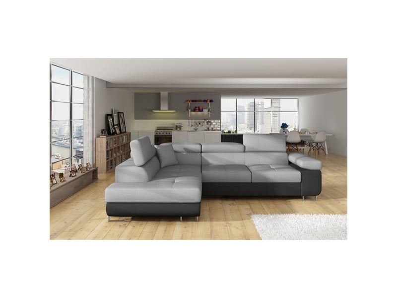  Canapé d'angle convertible menton gris clair et gris foncé – angle gauche avec coffre  - Conforama B