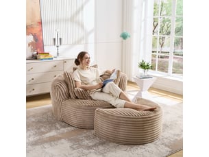 Canapé droit sans pieds, assise ronde, pouf assorti, tissu doux cordé, 168×123×63 cm, camel + marron