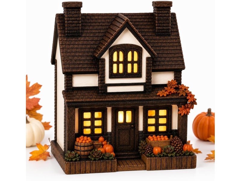  Décoration automne lumineuse 1 pièces, maison de village en résine avec led blanc chaud, décoration de table, noir  - Conforama A