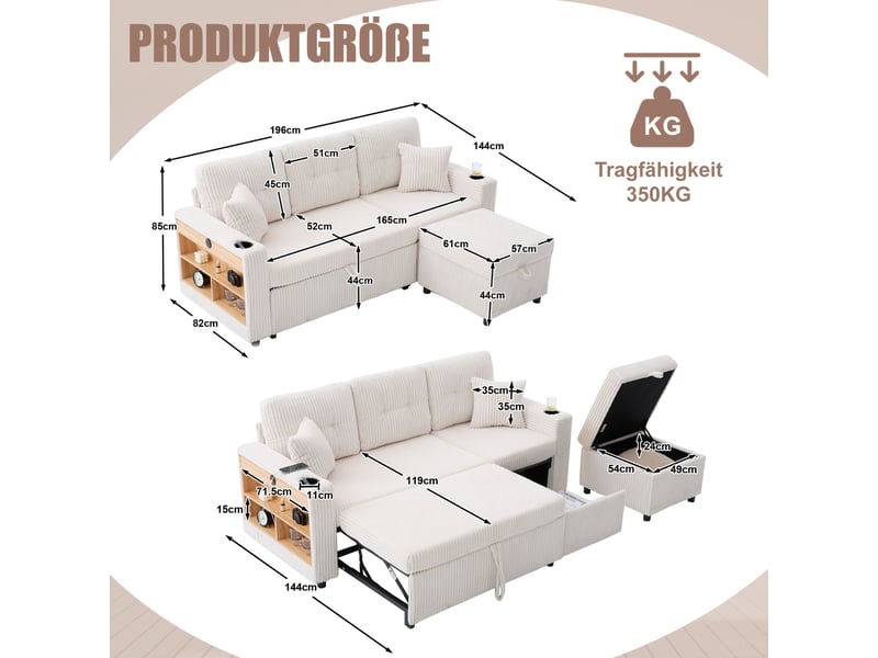  Canapé 3 places convertible en velours côtelé beige avec rangement, led et usb-c  - Conforama C