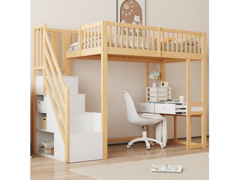  Lit en hauteur, 90x200 cm, avec table multifonction, escalier de rangement, matelas non inclus, bois, coloris blanc  - Conforama D