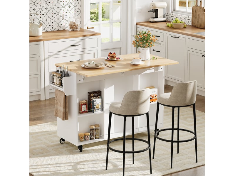 Desserte de cuisine 120 x 43,5 x 92,9 cm blanc et naturel en mdf, plateau rabattable et rangement mobile - Conforama E