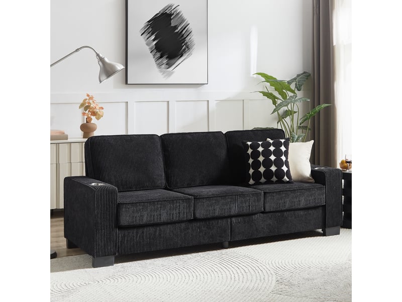  Canapé droit 3 places avec porte-gobelets intégrés  - accoudoirs larges, velours côtelé noir, 206 cm  - Conforama B
