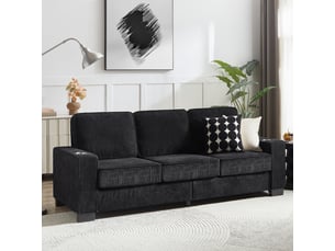 Canapé droit 3 places avec porte-gobelets intégrés - accoudoirs larges, velours côtelé noir, 206 cm