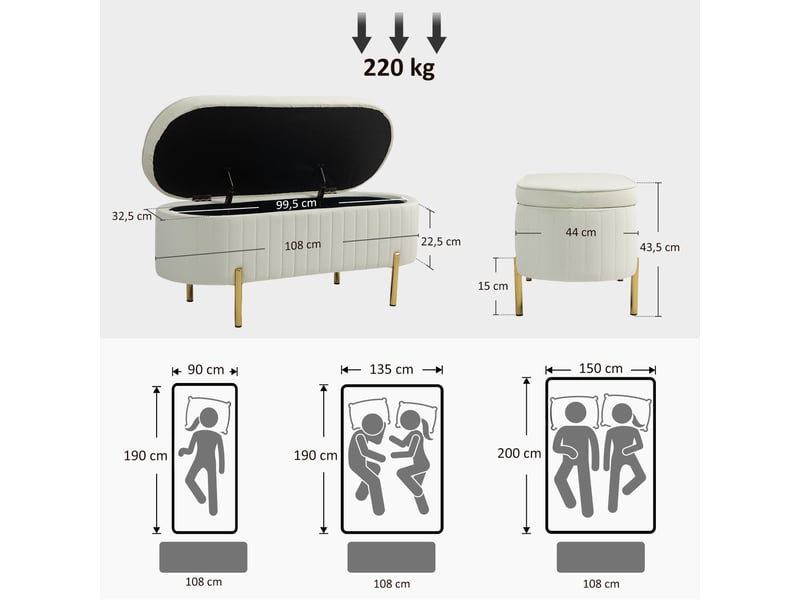  Banc de rangement en velours crème avec couvercle et pieds en métal capacité 72 l dimensions 108 x 44 x 43.5 cm  - Conforama C