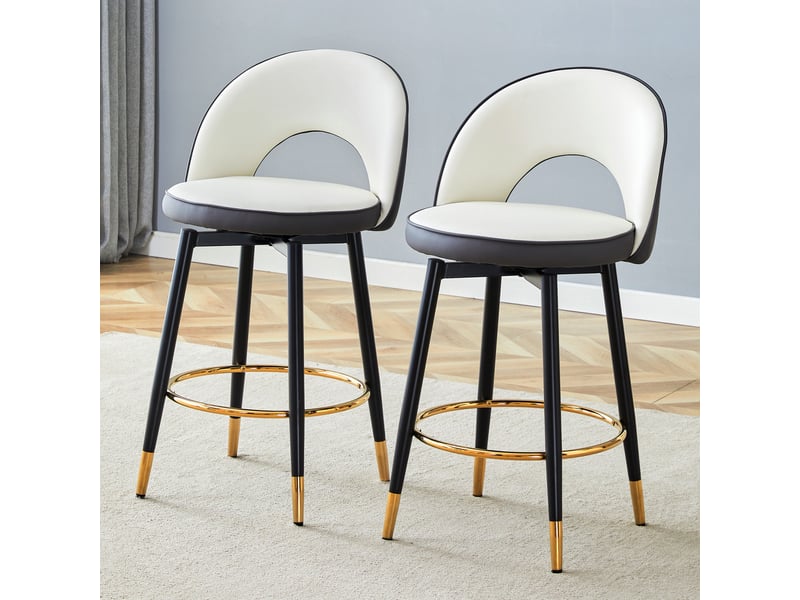  Lot de 2 tabourets de bar 44x47.4x92cm – pivotants à 360° avec dossier ajouré et repose-pieds – similicuir pu - anthracite et blanc  - Conforama B