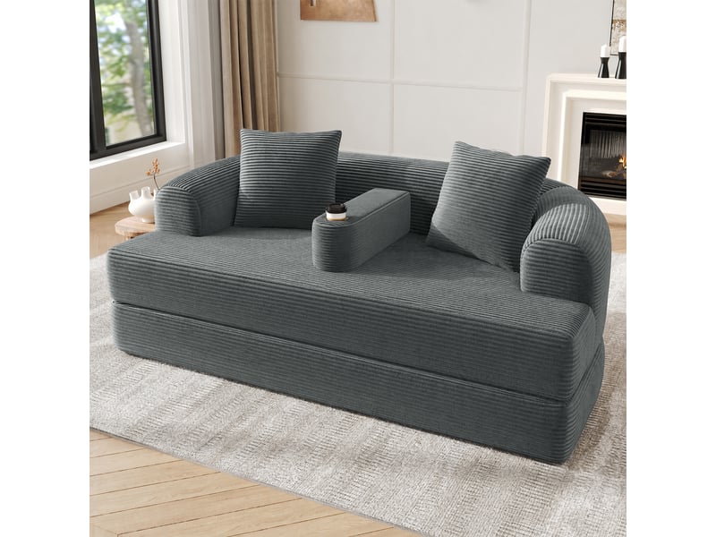  Canapé droit 2 places convertible en velours côtelé gris foncé 184 x 176 x 47 cm, sans montage, avec accoudoir porte-gobelet N887P514056G - Conforama B
