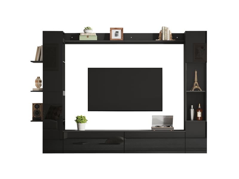 Meuble tv mural avec 2 portes abattantes, vitrines et étagères de rangement pour salon en mdf noir 245 × 30 × 170 cm - Conforama A